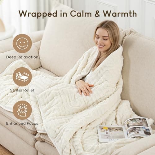 Cottonblue Weighted Blanket for Adults Queen Size 15 lbs, Soft Fluffy Sherpa Fleece Jacquard Weighted Blankets Throw 60" x 80" for Sleep Relax, Fuzzy Warm Arch Heavy Blanket for Bed Couch, Cream White 5