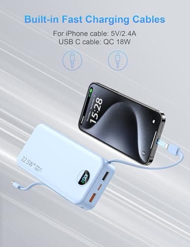 Ffnpua Portable Charger with Wall Plug, 20000mAh USB C Power Bank Fast Charging, External Battery Pack with Built in Cables, Digital Display, 5 Output 2 Input for iPhone Android Cell Phone Tablet 5