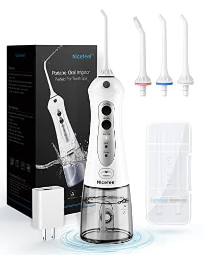 Nicefeel Cordless Water Flosser 300ML USB Rechargeable and Portable Oral Irrigator with Tips Case for Travel, 3-Modes IPX7 Waterproof Water Dental Flossing with 4 Jet Tips for Home