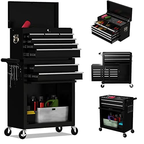 DUSACOM 8-Drawer High Capacity Rolling Tool Chest, Removable Cabinet Storage Tool Box with Wheels and Drawers, Detachable Toolbox with Lock for Workshop Mechanics Garage (Black)