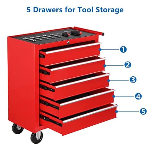TUFFIOM 5-Drawer Rolling Tool Chest w/Drawers & Lock, Tool Storage Cabinet with Lockable Wheels, Top Cushion & Drawer Liners, Tool Organizer Box for Garage, Warehouse & Repair Sho 5