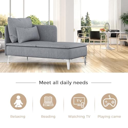 MELLCOM Chaise Lounge Indoor, Upholstered Modern Design Chaise Lounge Chair with Metal Feet, Grey, 27.6 inches (D) x 51 inches (W) x 27.6 inches (H), Grey Linen Fabric 5