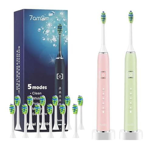 7AM2M Electric Toothbrush 2 Pack Set for Kids and Adults, 12 Brush Heads,5 Adjustable Modes, Built-in 2-Minute Smart Timer, Wireless Fast Charge for 60 Days,IPX7Waterproof SonicToothbrush(Green+Pink)
