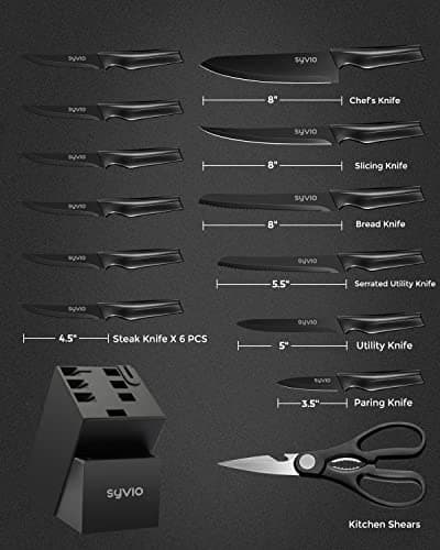 syvio Block Knife Set, 15 Pcs Kitchen Knife Set with Block and Sharpener, with Heavy Poultry Shears and 6pcs Serrated Steak Knives Razor-Sharp, Stainless Steel, Lightweight, Anti-Slip Handle 2