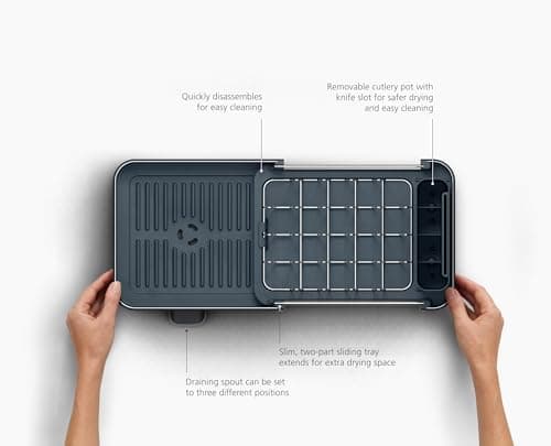 Joseph Joseph Extend Slim Steel Expandable Dish Drying Rack with Removable Cutlery Holder and Swivel Draining Spout, Compact Design, Grey 5