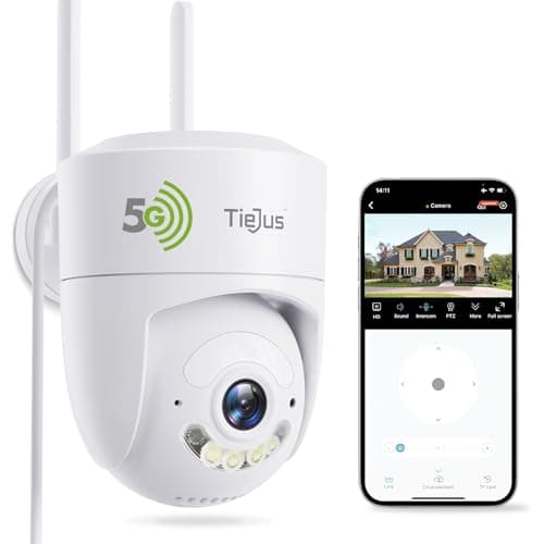 TIEJUS 2.4G/5G Security Camera Outdoor, 3MP 24/7 Recording Wired Cameras, Plug-in Power, 360° Surveillance, Motion Tracking, Works with Alexa, 2-Way Audio, IP66, Color Night Vision, SD/Cloud Storage