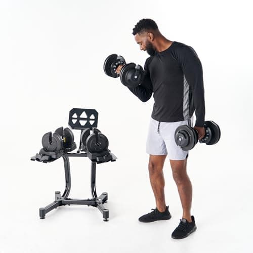 Echelon Strength Adjustable Dumbbells 7–52.5 lb with Stand Quick Select Metal Grip Dumbbells Set for Home Gym with Storage Rack and Tablet Holder
