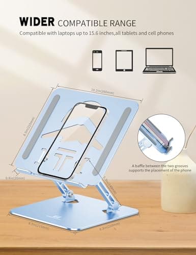 ToBeoneer Laptop Stand Adjustable Laptop Holder for Desk, Foldable Laptop Riser Portable Computer Stand Compatible with MacBook, Lenovo, HP and All Laptops up to 15.6 inches Diamond Blue 6