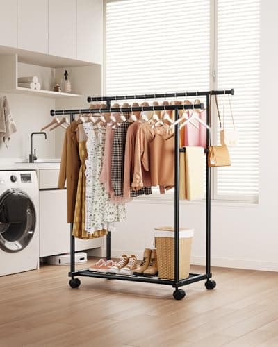 Sakugi Metal Clothes Rack - Double Rod Clothing Rack with Fixed Design and Rolling Wheels, Coat Rack with Built-In Shelf for Closet Organizers and Storage (38.5" x 16.9" x 59.0", Black) 8