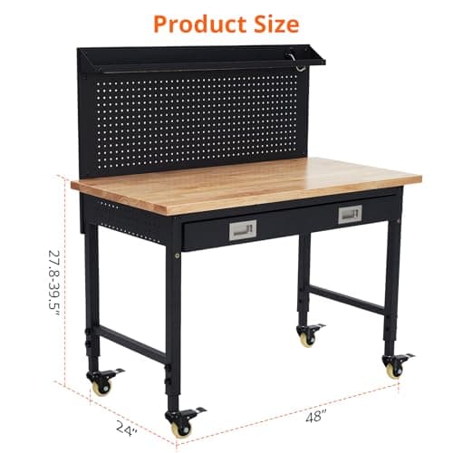 ACONEE 48" x 24" Adjustable Workbench 2000 Lbs Capacity, Rubber Wood Shop Table Heavy Duty Workstation with Drawer Table, Backplate, Metal Frame, Wood Top Workbench for Workshop Office Home Garage 6