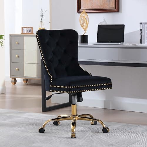 Velvet Desk Chair with Wheels, Gold Office Chair Armless Swivel Chair with Tufted High Back Rivet Trim, Comfy Upholstered Ergonomic Computer Chair for Bedroom, Black