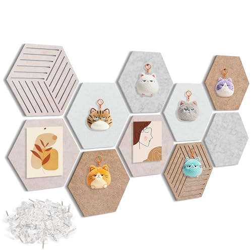 Fwpelt 12'' Large Hexagon Cork-Bulletin Board Tiles Adhesive 10 Pack Frameless Corkboard Hexagonal Prayer Vision Cork Board for Office Wall Decor, Hex Tack Pinboard with 30 Push Pins
