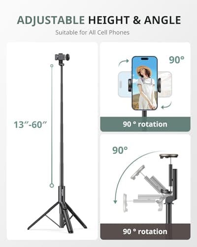 Sensyne 60" Phone Tripod - Selfie Stick, Lightweight All in One Phone Tripod Integrated with Wireless Remote Compatible with All Cell Phones for Selfie/Video Recording/Photo/Live Stream/Vlog（Black） 5