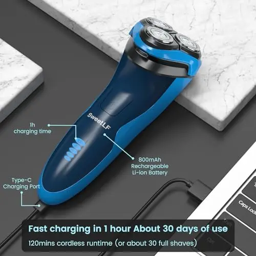 SweetLF Electric Shaver for Men, 3D Rotating Head, USB C Fast Charging, IPX7 Waterproof,Mens Razors with Pop Up Trimmer, Cordless Electric Razor for Men 8