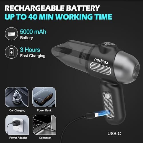 Nodrax Handheld Car Vacuum Cordless with Efficient Brushless Motor, 12000Pa High Power Suction and Extended Runtime, 4-in-1 Mini Hand Held Vacuum for Couch and Shop - Black 5