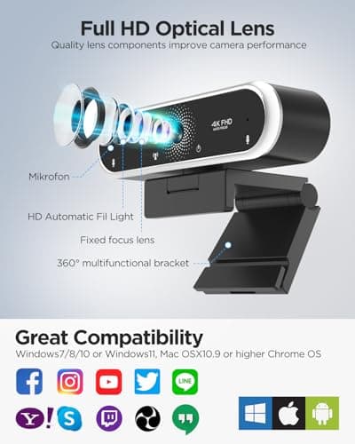 Webcam 4K with Microphone and Webcam Cover Plug and Play with Auto Light Correction for Laptop PC Desktop for Live Streaming Video Call Conference 7