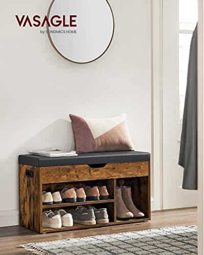 VASAGLE CUSTOS Collection - Storage Bench with Cushion, Shoe Bench, Padded Seat, Hidden Storage, Entryway, Hold up to 300 lb, 11.8 x 31.5 x 17.3 Inches, Rustic Brown and Ink Black ULHS30BX 2