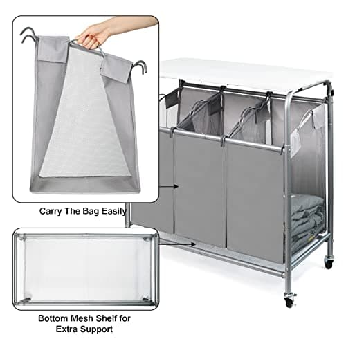3 Bags Laundry Sorter Cart, Heavy Duty Rolling Laundry Hamper Sorter with Ironing Board(Grey) 5