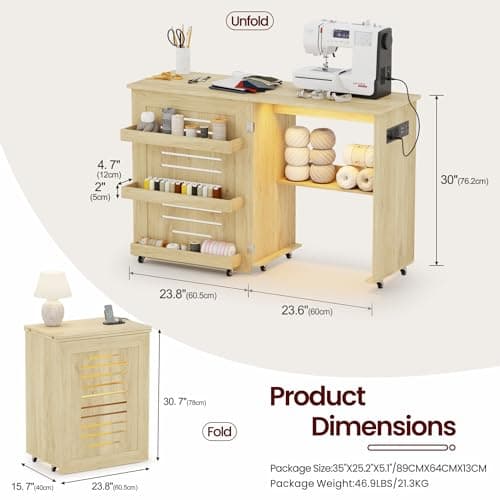 Lvifur Folding Sewing Table - with Storage, Lighted Sewing Cabinet with Charging Station, Farmhouse Sewing Desk with Motion Sensor Lights, Cutting Table with 3 Storage Trays,6 Wheels,Natural 6