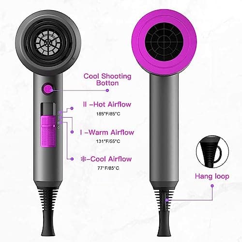 slopehill Professional Ionic Hair Dryer, Powerful 1800W Fast Drying Low Noise Blow Dryer with 2 Concentrator Nozzle 1 Diffuser Attachments for Home Salon Travel 6