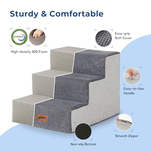 ZOMISIA Dog Steps for Couch - Pet Stairs for Small Dogs and Cats, Dog Steps with Non-Slip Bottom Grey 3 Steps, Grey 3