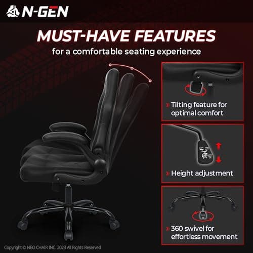 N-GEN Video Gaming Chair Ergonomic Computer Desk Office Chair with Lumbar Support Adjustable Height Swivel Wheels Flip-Up Arms PU Leather Home and Office (Black) 7