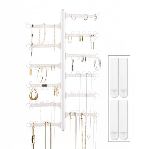 AllHungUp 12-Tier Wall Jewelry Organizer Wall Mounted Jewelry Organizer Necklace Holder Wall Mount Hanging Necklace Organizer Jewelry Hanger Wall Mounted Earring Holder Display Earring Organizer White