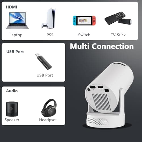 VNEIMQN Mini Projector Android, WiFi Bluetooth 1080P Support Smart Projector with Apps, Auto Keystone, 180° Rotation, Portable Home Outdoor Movie Projector, For Smartphone, Laptop, HDMI Middle 8