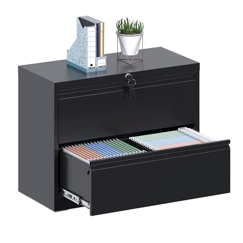 GangMei Metal Lateral File Cabinet, Wide Metal Storage Cabinet, Ins Design Office Cabinet with Drawers, Assembly Required, Black