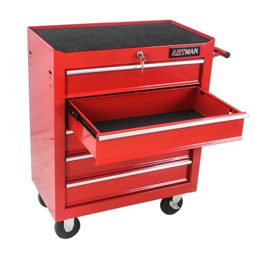 RYH 4/5/6/7 Drawers Rolling Tool Chest -Heavy Duty Mobile Metal Tool Box with Locking Wheels, with Stainless Steel Worktop, Garage Tool Storage Cabinet (Red, 5-Drawers 29.9" H×24.2" W) 8