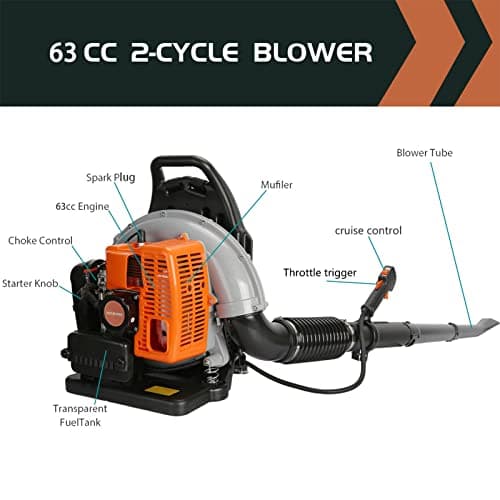ZTGD 63CC 3HP 2 Stroke Backpack Gas Powered Leaf Blower, High Strength Snow Grass Lawn Blower Air Cooling Gasoline with Single-Cylinder Air-Cooled for Gutter,Garden,Yard Ora Orange 6