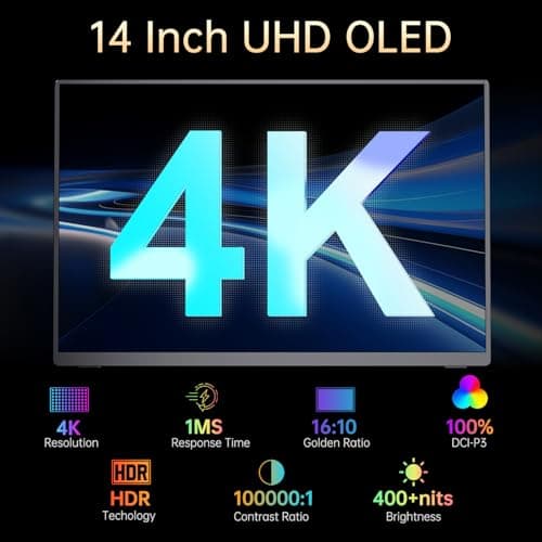 VOKENSU Portable Monitor OLED 4K 3840×2400, 14" Ultra Slim Travel Monitor, 400+ Nits |100% DCI-P3 | 1000000:1 Contrast, HDMI USB C External Monitors for Laptop Mabook PC 3