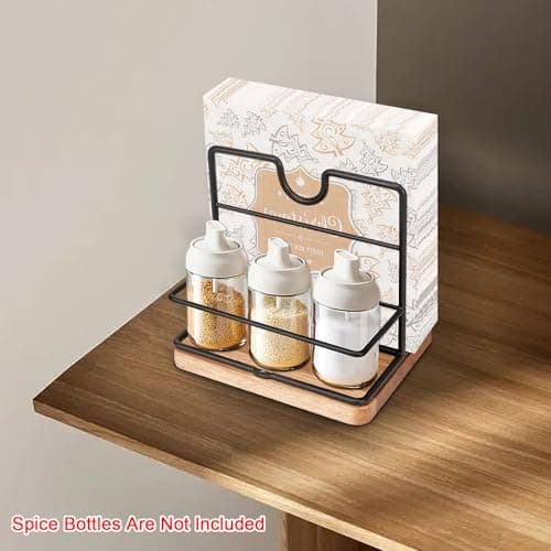 Livabber Napkin Holder, Metal Napkin Storage with Salt and Pepper Shakers Caddy Modern Napkin Dispenser for Table Kitchen Countertop, Not Including Salt and Pepper Shakers (Middle Wooden, Black) 7