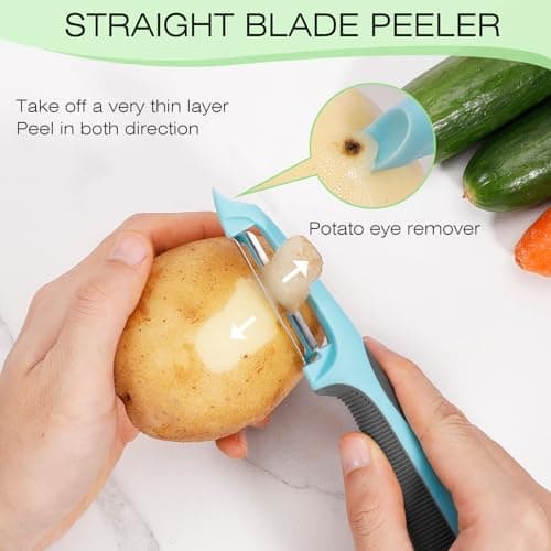 Senbowe Julienne Peeler, Potato Vegetable Peeler for Kitchen, I and Y Potato Peelers for Apple Fruit Carrot Zucchini Cucumber Veggie, 3 in 1 Blade Spin Design, Anti-Slip Handle 6
