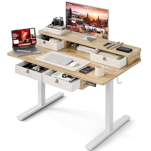 Grandder 47 Inch Electric Standing Desk with Four Drawers, Sit to Stand Up, Height Adjustable Desk with Storage Shelf for Home Office, Study, Ergonomic Adjustable Computer Desk, Oak