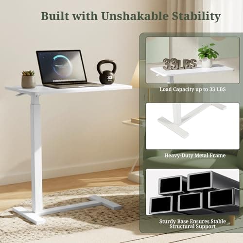 Mobile Standing Desk, Adjustable Height Desk with Hidden Casters, Portable Laptop Computer Table with Rolling Wheels, for Sit Stand Workstation, Compact and Sturdy for Home, Office, Dorm, White 6
