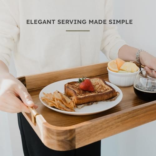 Upper Acacia Wood Ottoman Tray 17x13 Inches with Handles, Decorative Serving Tray for Coffee Table, Breakfast Tray with Anti-Skid Pads 6