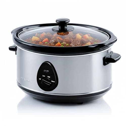 OVENTE Electric Slow Cooker with 3 Cooking Settings, Non-Stick and Dishwasher Safe Stoneware, Stainless Steel Body, Glass Lid, 3.7 Qt Oval Pot for Entrees, Soups, Sauces, Stews & Dips, Silver SLO35ABR