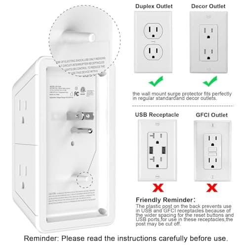 5 Outlet Extender Multi Plug Wall Outlets with 4 USB Charging Ports (1 USB C Outlet), 3 Sided 1680J Surge Protector Power Strip USB Wall Charger for Home, Office, Travel, ETL Listed, White 6