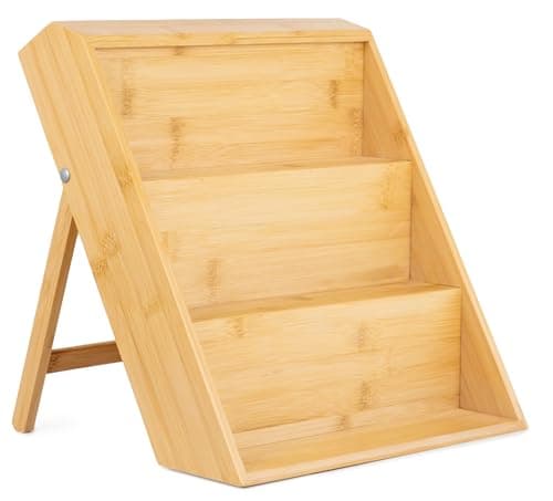 Extra Sturdy 3-Tier Bamboo Spice Rack – 12" W x 10" D x 13" H – Foldable Non-Slip Wooden Spice Organizer for Countertop and Cabinet – Includes Labels, Funnel & Hooks – Spice Jars NOT Included