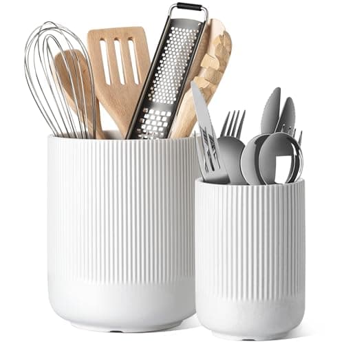 LE TAUCI Utensil Holder for Kitchen Counter, 7.3"+5.4" Fluted Ceramic Utensil Crock Organizer for Countertop, Heavy Large Holder for Spatulas, Spoons, Set of 2, White, Kitchen Counter Decor