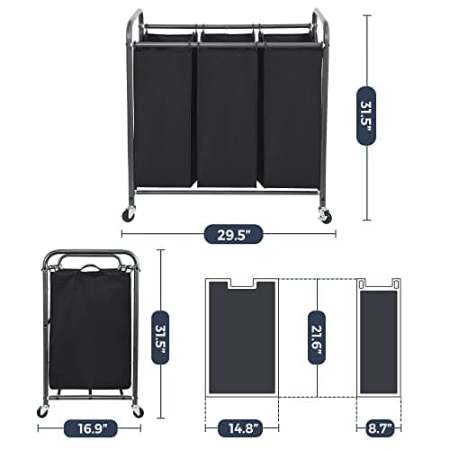 STO STO Laundry Sorter 3 Section, 3 Bag Clothes Hamper, Rolling Laundry Cart Basket with Heavy Duty Lockable Wheels and Removable Bag for Laundry Room, Bedroom, Closet, Black 6