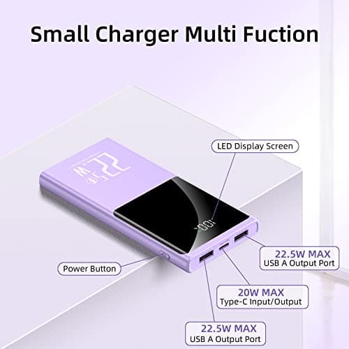 JONKUU Portable Charger 10000mAh, Power Bank 22.5W Fast Charge, Slim Battery Backup with USB C in/Out, LCD Display External Battery Pack for iPhone 16 15 14 13 12, Samsung, Google, Android etc 7