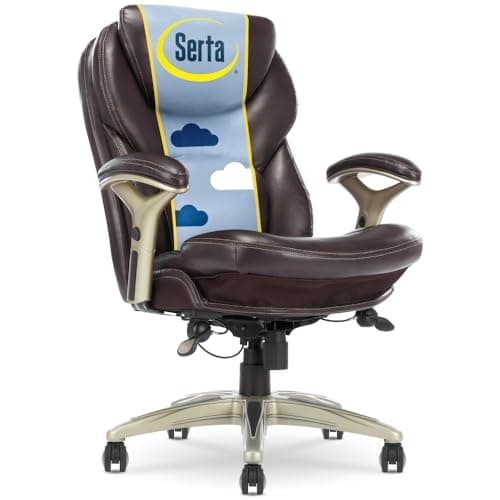 Serta Claremont Executive Office Chair with Back-In-Motion Technology, Ergonomic Mid-Back with Pivot Lumbar Support and Seat, Plush Cushion, Body Pillows, Adjustable Arms, Bonded Leather, Brown