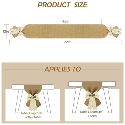 MelonBoat Farmhouse Table Runner: 72 Inch Bohemian Burlap Table Runner Collection, White Bow-Tied Boho Table Decor, Rustic Christmas Table Decoration for Xmas Home Decor Banquet Wedding Decor 5