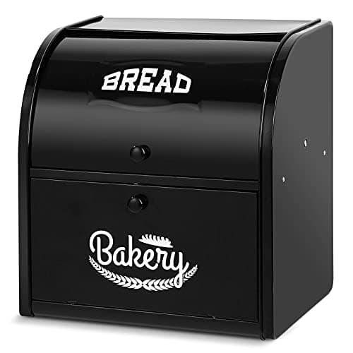Olebes Metal Bread Box For Kitchen Countertop, Storage Container Holds 2 Loaves Of Bread, High Capacity Breadbox, Bread Holder Suit Farmhouse Kitchen Decor For Counter (Black)