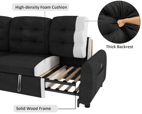 Ucloveria Sectional Sofa Couch, 87" Sleeper Sofa Bed with Reversible Storage Chaise Pull Out Couch for Living Room | Side Pocket | Charging Station | Removable Backrest | Linen Fabric, Black 7