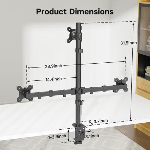 BONTEC Triple Monitor Desk Mount, Supports 13-32 Inch Screens, Full Motion Adjustability, VESA 75x75/100x100mm, Up to 22lbs per Arm, C Clamp and Grommet Mounting Options, Cable Management 5