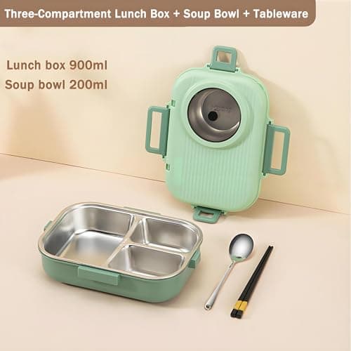 Ausenzup Bento Lunch Box, 304 Stainless Steel Portable Leakproof Lunch Food Containers Set with 3 Compartment for Adults - with Chopsticks Spoon Soup Bowl Gift for Friends, Family (Green) 7