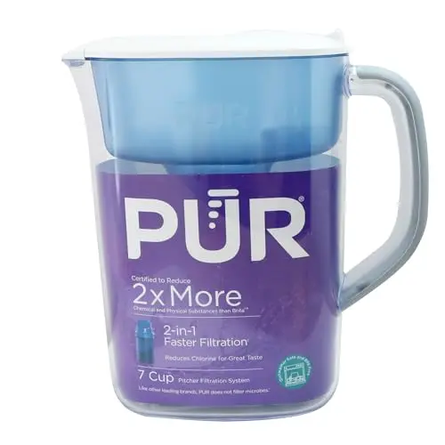 PUR 7-Cup Water Filter Pitcher, Cleaner, Great-Tasting Water, Dishwasher Safe, Powerful, Faster Filtration, LockFit Cap Design - White